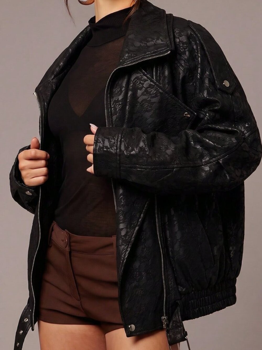 Brown Casual Women's Plants Fuzzy Lined Zip-Up Jacket - Picture 7 of 8